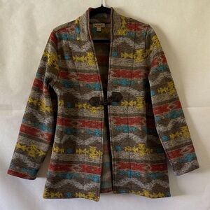 One World Aztec Print Fleece Jacket Women Sz L Southwestern Toggle Cardigan Coat